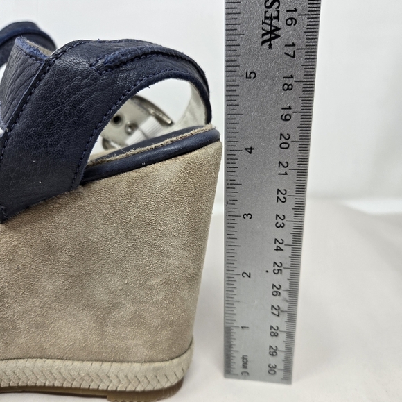 Blackstone Womens Wedge Platform Sandel Sz 38=8 Blue & Tan Leather Suede Adj. - Picture 8 of 11